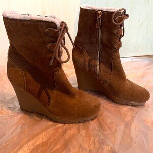Camel Michael Kors Suede Leather Wedge Booties